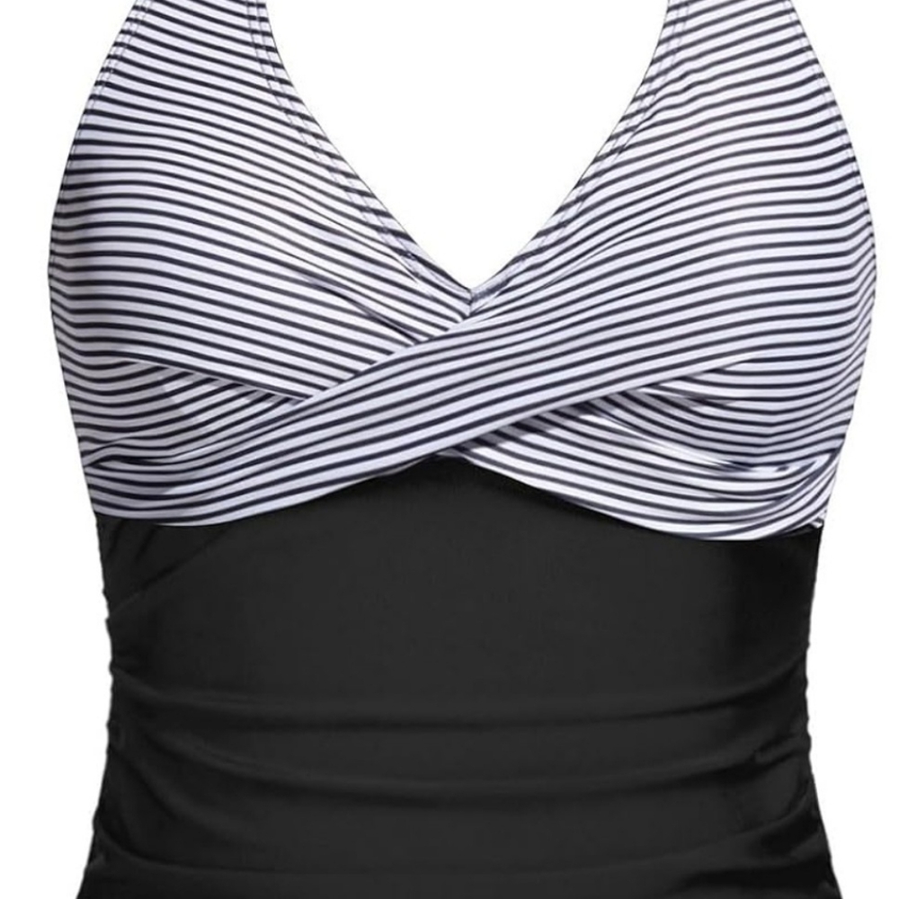 Tempt Me Women's Halter-top Black and White Striped Tankini Top Curvy
